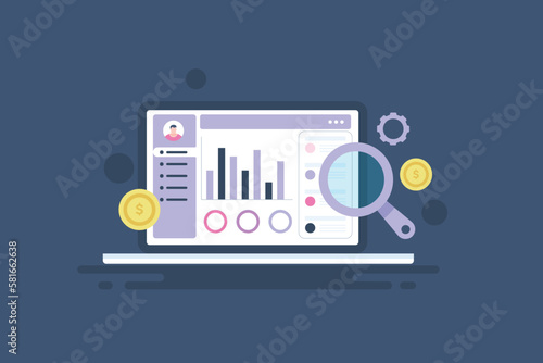 Customer data on business dashboard, big data analytics sales report marketing KPI information on laptop screen, vector web banner template.