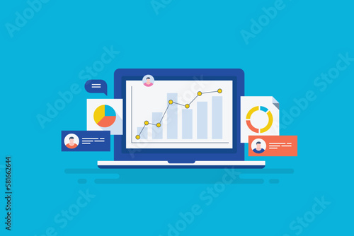 Cloud technology driven big data analytics software displaying customer data chart information report on laptop screen, sales conversion marketing strategy digital concept. Vector banner.