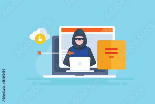 Cloud security software protecting data server network system from hacker attack, vector illustration.
