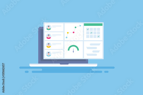 Managing teamwork tracking project development with task and schedule planer organization company marketing strategy software technology vector illustration.
