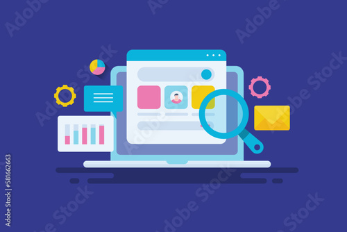 Website analytics business intelligence software, seo optimization and digital marketing data dashboard, website strategy concept, vector illustration.
