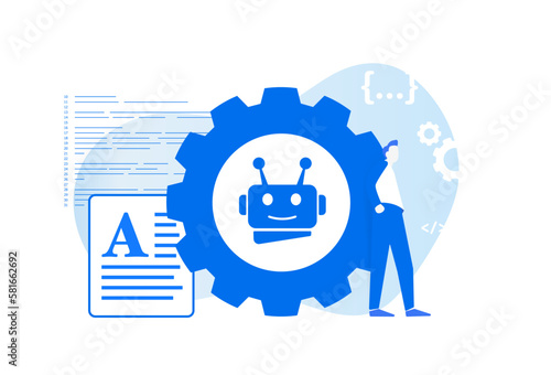 AI chatbot concept illustration - deep learning, data mining, code creation, communication, article writing, creating graphic illustration using neural AI networks. Isolated on white background