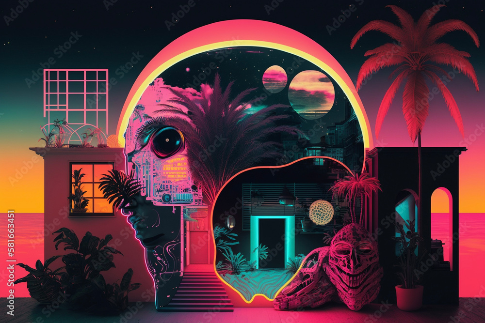 Obraz premium Surreal Neon Collage Abstract Nightlife Generative AI