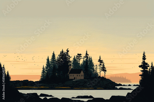 Minimal Maine Background Island Water Bay Sky Landscape Trees Generative AI