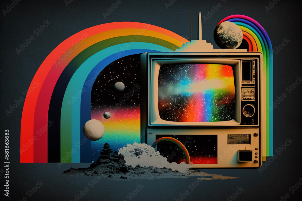 Black and White Space Collage with TV Screen Retrofuturistic Rainbow Accents Generative AI