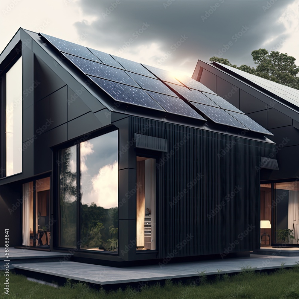 Obraz premium Constructed homes with solar panels on the roof.Generative AI