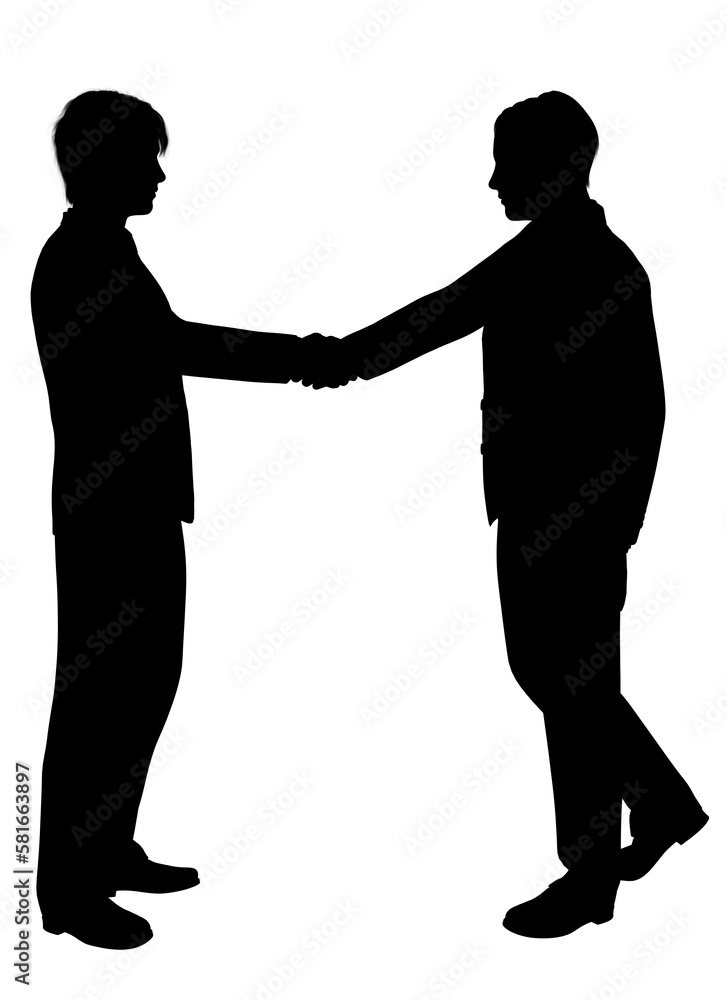 握手をしている男性2人の横向き全身のシルエット