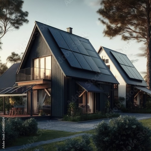 Constructed homes with solar panels on the roof.Generative AI © Smart AI