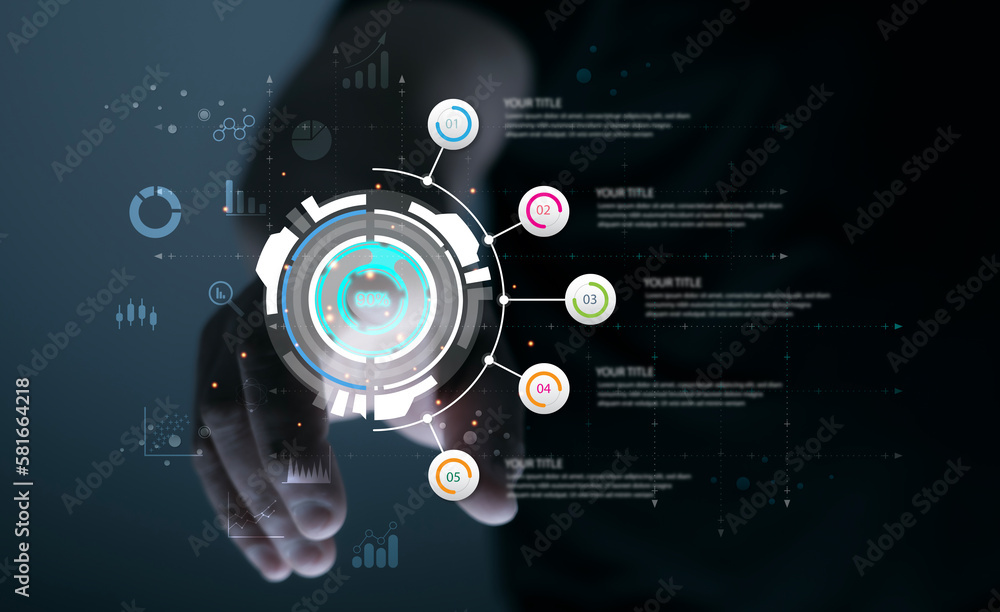 Businessman pointing a growing virtual hologram of statistics, graph and chart.artificial intelligence.Futuristic technology transformation.Global,internet network connection.