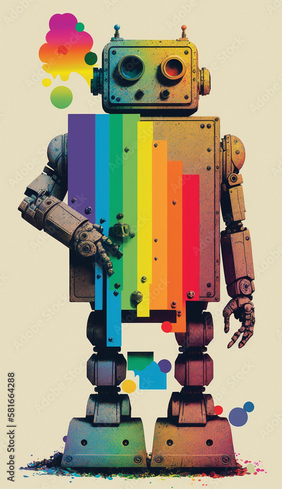 Fototapeta premium Black and White Robot Photocopy Xerox Retrofuturistic with Rainbow Accents Details Generative AI