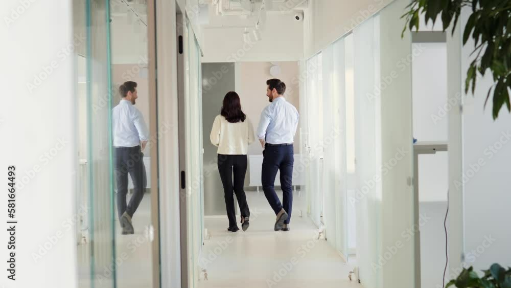 Office professionals, programmers, stroll through office hallway discuss their international experience in programming and coding. People hold their respective gadgets. Full length view from behind. Office professionals, programmers, stroll through office hallway discuss their international experience in programming and coding. People hold their respective gadgets. Full length view from behind.