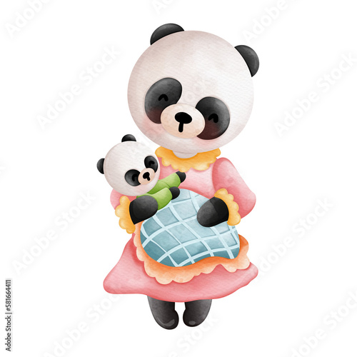 Fototapeta Naklejka Na Ścianę i Meble -  Watercolor Cute Mom Panda and Baby, Mama Panda, Baby Panda, Mother's Day Element, Hand Drawn Illustration