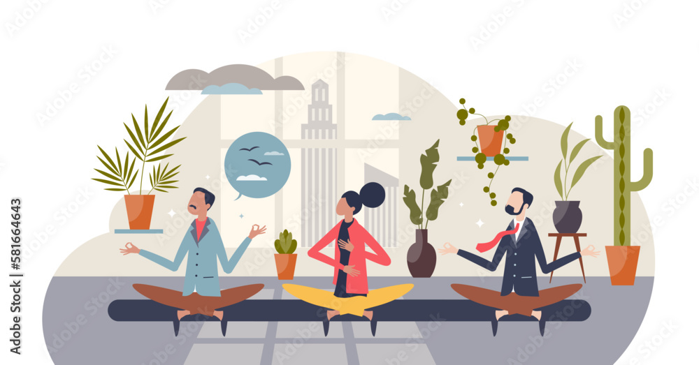 Employee wellness program or company stress free activity tiny person concept, transparent background. Yoga or meditation in workplace or office for worker satisfaction, health. - obrazy, fototapety, plakaty 