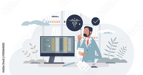 Medical billing and coding for patient hospital services tiny person concept, transparent background. Treatment payment and financial invoice coverage from insurance illustration.