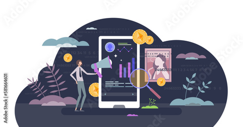 NFT marketing as non fungible token payment for art tiny person concept, transparent background. Digital investment with blockchain financial assets illustration. Trade virtual painting.