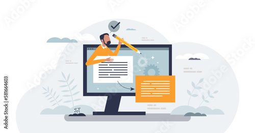 Paraphrasing tool with text conversion to different words tiny person concept, transparent background. Content restatement with online digital software service for plagiarism illustration.