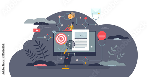 Marketing automation and routine social media tasks software tiny person concept, transparent background. Technology for posts, blogging or advertising automatic campaign publishing illustration.