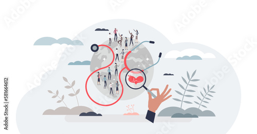 Population health management and global community care tiny person concept, transparent background.Healthy society program with regular screening and monitoring illustration.
