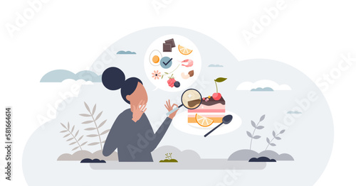 Allergic reaction from allergen pollen or food ingredient tiny person concept, transparent background. Immune system reaction with asthmatic body response illustration. Skin inflammation with itching.