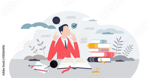 Education and learning from book reading tiny person concept, transparent background. Student study process and knowledge training for exam illustration. Academical development or personal growth.
