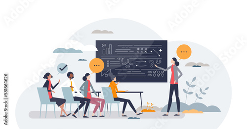 Education and learning process in university classroom tiny person concept, transparent background. Students teaching from smart mentor and presentation on blackboard illustration.
