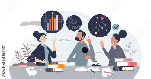 Education and learning from teachers and scientists tiny person concept, transparent background. Academic process with book reading, topic discussion and wisdom sharing illustration.