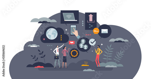 Social media and digital communication applications tiny person concept, transparent background. Website for multimedia sharing, posting, like or comment activities illustration. Global blog, contact.
