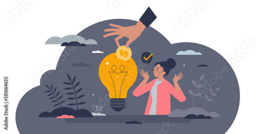 Venture capital illustration, transparent background. Flat tiny investment persons concept. Risky business with huge profit potential. Startup and new idea funding.