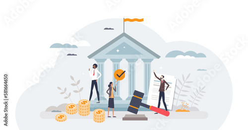 Financial regulation as principles for EU budget tiny person concept, transparent background.Banking management with government standards for money organization illustration. © VectorMine