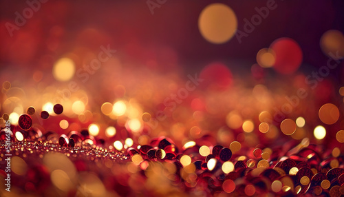 Shiny Red Gold Glitter In Abstract Defocused Background - Bokeh - Space for copy - Christmas And New Year Texture. Generative AI