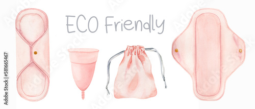 A set of reusable sanitary pads and menstrual cup. Personal hygiene product for women. Zero waste care. Women stuff for period, menstruation female hygiene product. Watercolor illustration. Isolated.