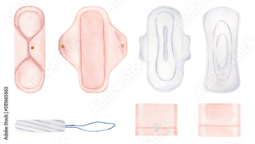 A set of disposable and reusable sanitary pads and a tampon. Personal hygiene product for women. White sanitary pad. Watercolor illustration. Isolated.