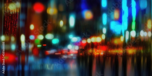 Abstract city lights bokeh motion blur streaks, long exposure bright colorful illuminated streets and glowing windows, background out of focus wide angle - generative AI. © SoulMyst