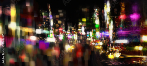 Abstract city lights bokeh motion blur streaks, long exposure bright colorful illuminated streets and glowing windows, background out of focus wide angle - generative AI. © SoulMyst