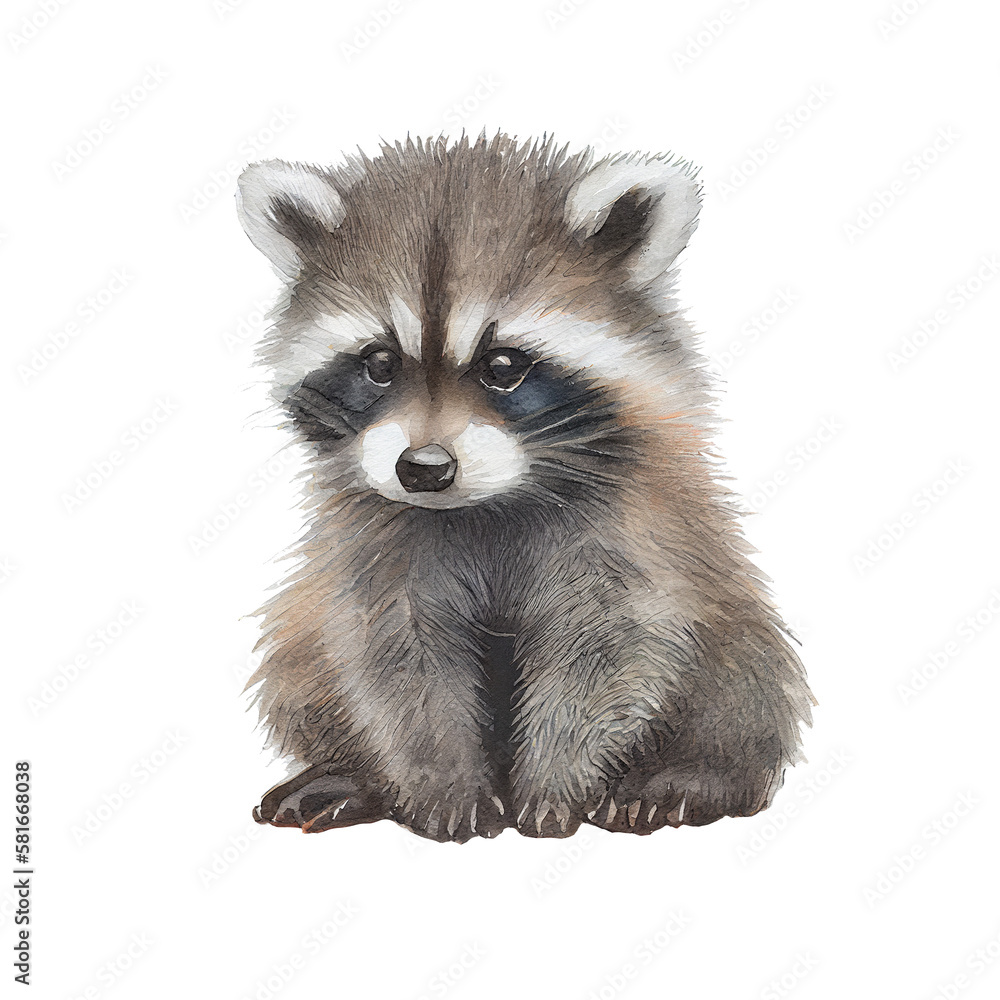 Baby raccoon sitting portrait, isolated watercolor illustration on transparent or white background, generative AI