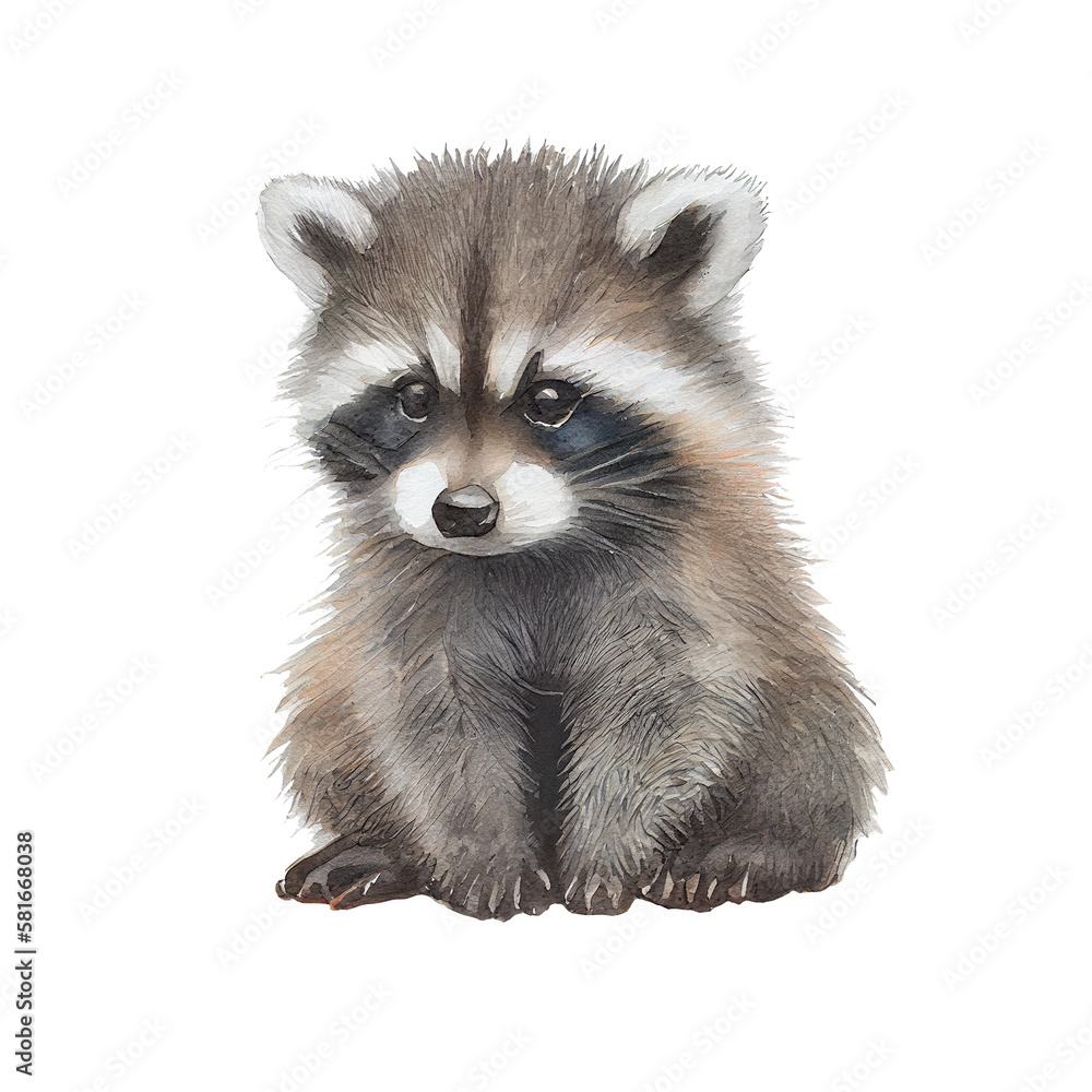 Obraz premium Baby raccoon sitting portrait, isolated watercolor illustration on transparent or white background, generative AI