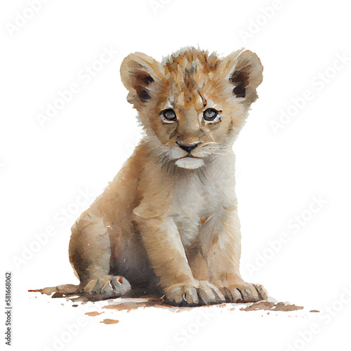 Lion cub  isolated watercolor illustration on transparent or white background  suit for nursery art  generative AI 