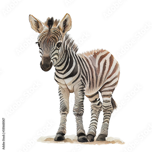 Baby zebra, isolated watercolor illustration on transparent or white background, suit for nursery art, generative AI 