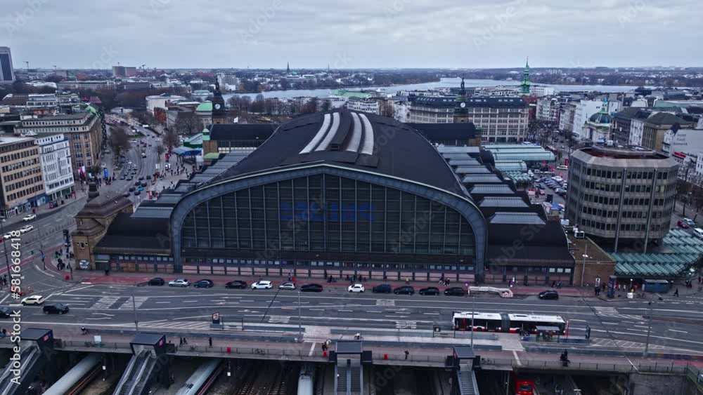 Drone shot revealing Hamburg Hauptbahnhof the main railway station of the city of Hamburg, Germany Drone shot revealing Hamburg Hauptbahnhof the main railway station of the city of Hamburg, Germany