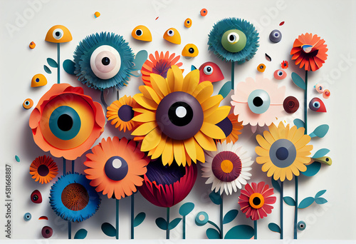 colorful cartoon flowers a vibrant and diverse array of blooming flowers in various shapes and sizes. AI generated art, Generative AI, illustration