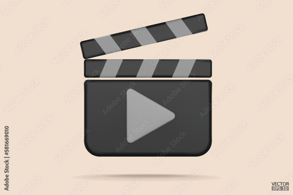 Clapper board icon. Media player icons. Video player icons. Film Clapper, Film clapperboard, video movie clapper equipment. 3D Vector Illustrations.