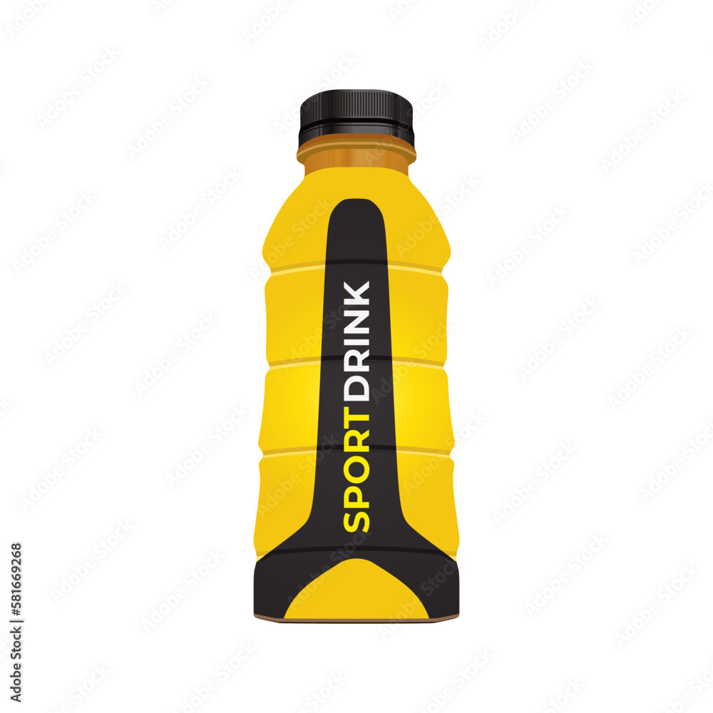Realistic sport drink bottle in yellow and black color packaging