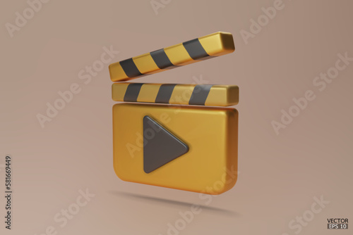 Gold Clapper board icon. Media player icons. Video player icons.  Film clapperboard, video movie equipment. 3D Vector Illustrations.