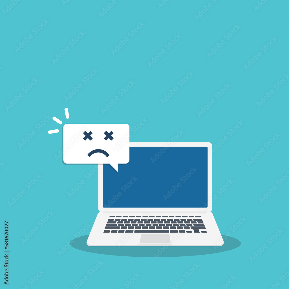 Broken laptop with sad smile. Broken laptop service, recovery and repair concept. Broken laptop with sad smile. Broken laptop service, recovery and repair concept.