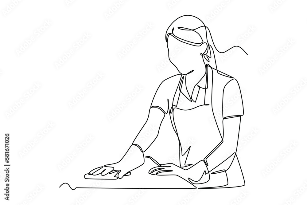 Continuous one-line drawing long-haired girl wiping the table. Kitchen activity concept Single line draw design graphic vector illustration Continuous one-line drawing long-haired girl wiping the table. Kitchen activity concept Single line draw design graphic vector illustration