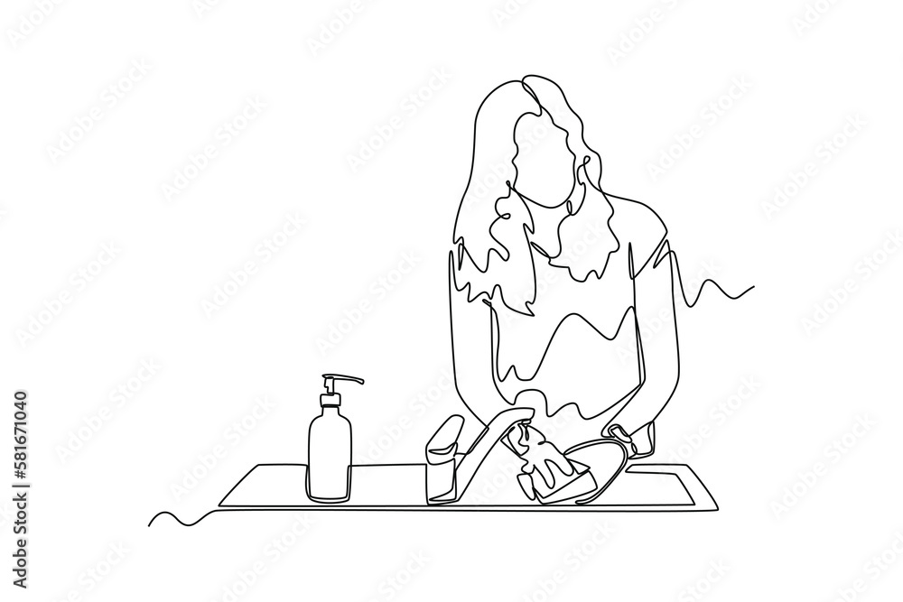Continuous one-line drawing woman with long hair washing dishes. Kitchen activity concept single line draw design graphic vector illustration Continuous one-line drawing woman with long hair washing dishes. Kitchen activity concept single line draw design graphic vector illustration