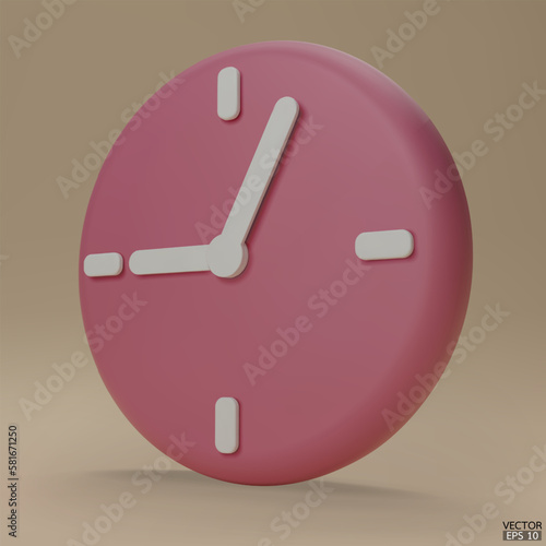 Pastel pink watch isolated on beige background. 3D Round clock icon. Cartoon minimal style.Time-keeping, measurement of time, and time management. Clock icon logo, app UI. 3D Vector illustration.