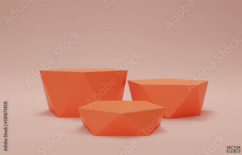 Orange geometric step podium. 3 Orange hexagon cube, Square podium in orange background. Concept scene stage showcase, product, promotion sale, banner, presentation, cosmetic. 3D vector illustration.