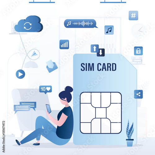 User sits near to large sim card and uses smartphone. Mobile internet, fast wireless connection for calls, communication, video viewing. Wireless communication technology.