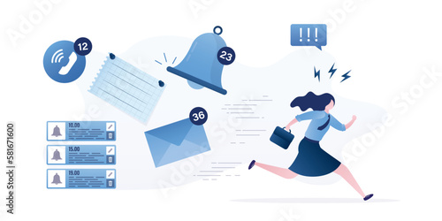 Businesswoman running away from notes, email and ringing bell notifications. Burnout office clerk, tired worker. Annoy notifications disturbing pop up, online message,